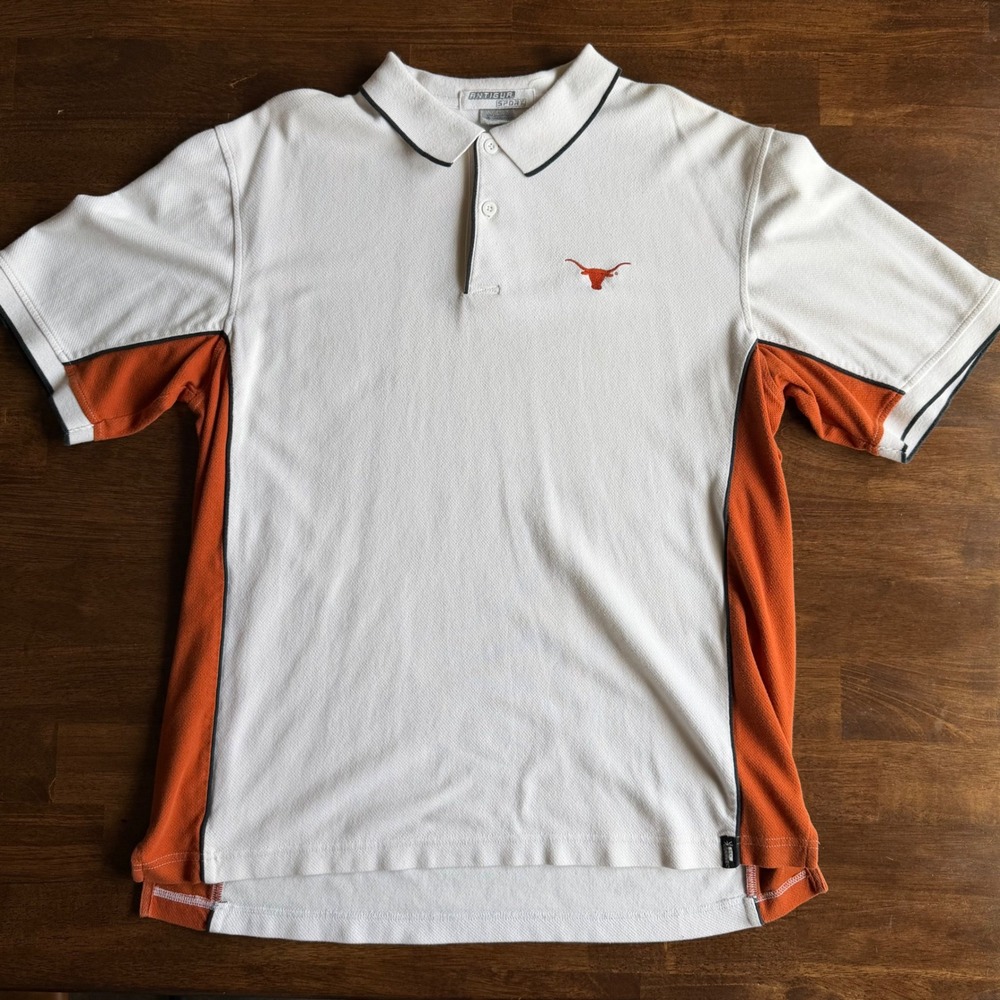 Antigua Sport Texas Longhorns Polo Shirt Mens XL White Burnt Orange Embroidered